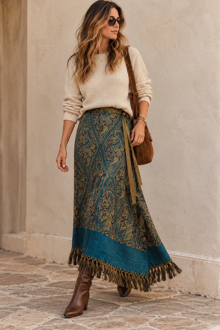 Vintage Karen Kane Lifestyle Paisley Wool Wrap Maxi Skirt Fringe Boho M/L USA